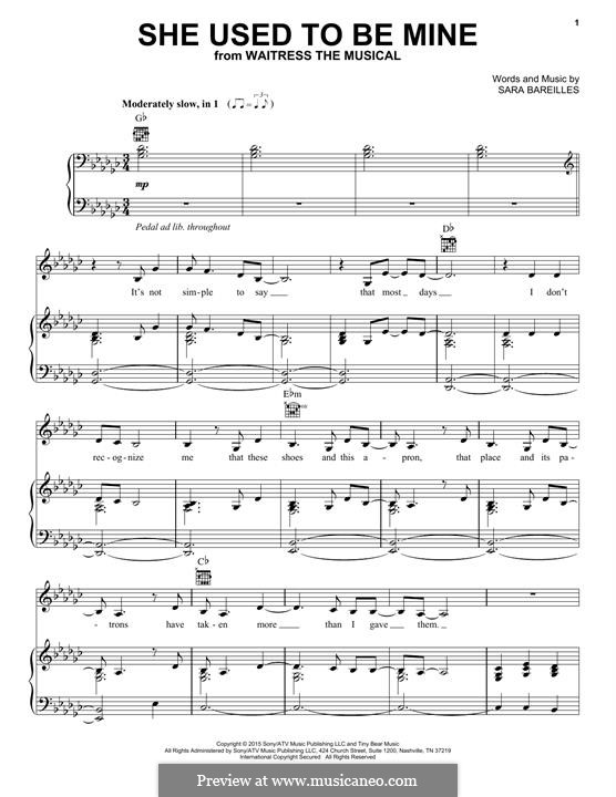 She Used To Be Mine (from Waitress): Für Stimme und Klavier (oder Gitarre) by Sara Bareilles