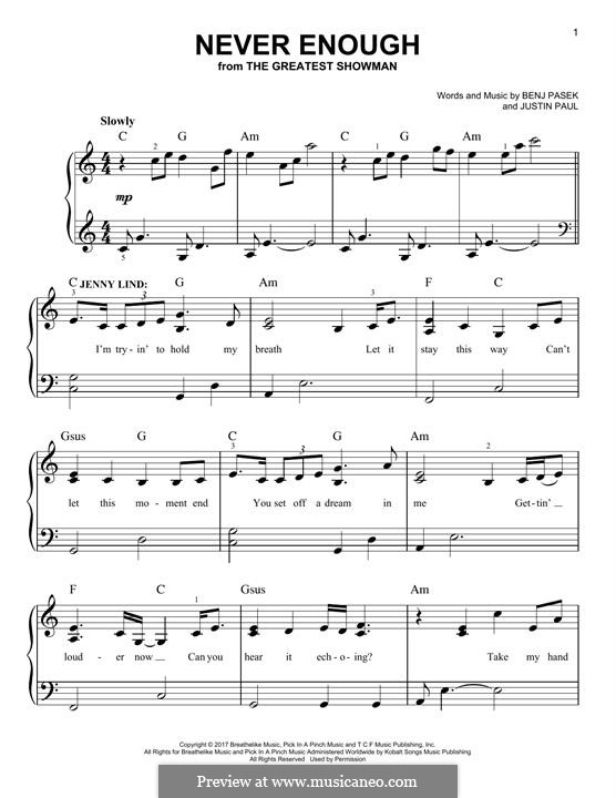 Never Enough (from The Greatest Showman): Für Klavier by Justin Paul, Benj Pasek