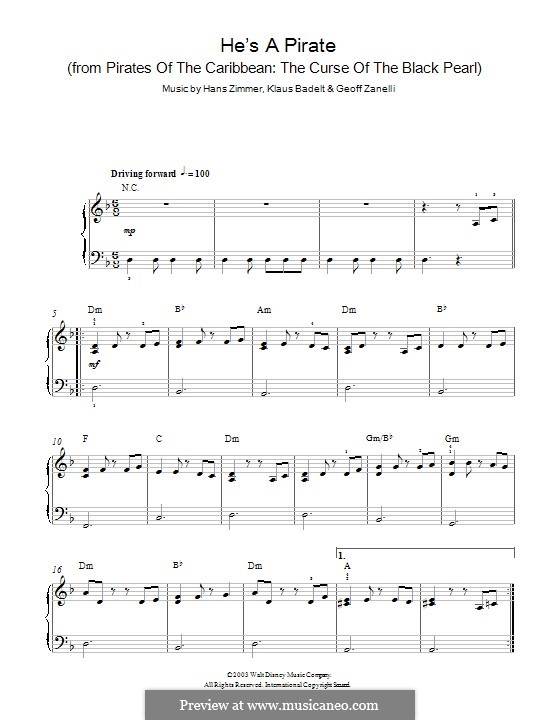He's a Pirate (from Pirates of the Caribbean: The Curse of the Black Pearl): Für Klavier by Klaus Badelt