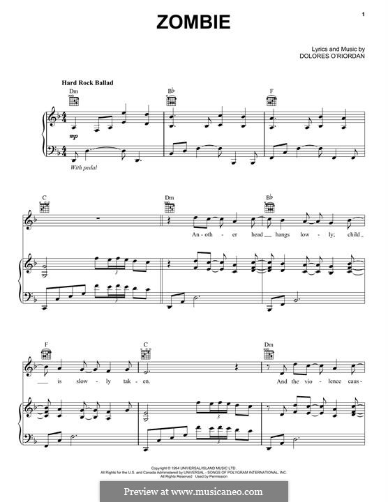 Zombie (The Cranberries): Für Stimme und Klavier (oder Gitarre) by Dolores O'Riordan