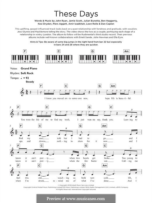 These Days (feat. Macklemore): Für Keyboard by Julian Bunetta, Ben Haggerty, Jamie Scott, Kesi Dryden, Piers Aggett, John Henry Ryan, Leon Rolle, Amir Amor