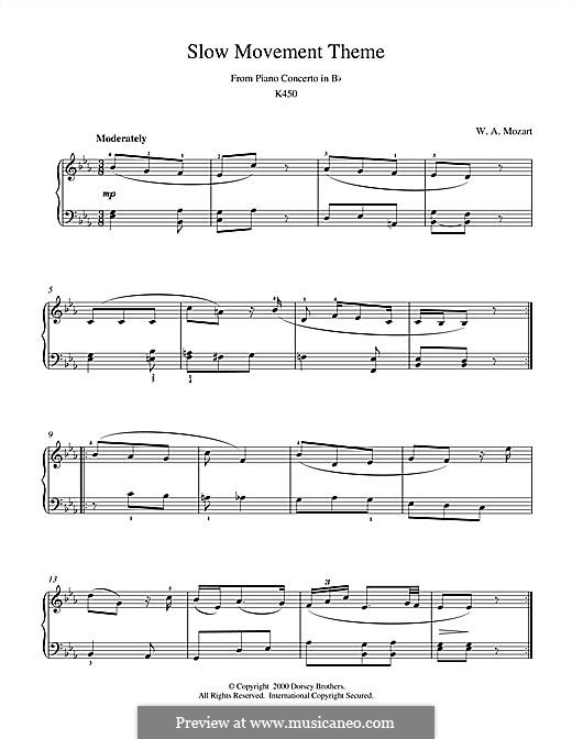 Konzert für Klavier und Orchester Nr.15 in B-Dur, K.450: Slow Movement Theme, for piano by Wolfgang Amadeus Mozart