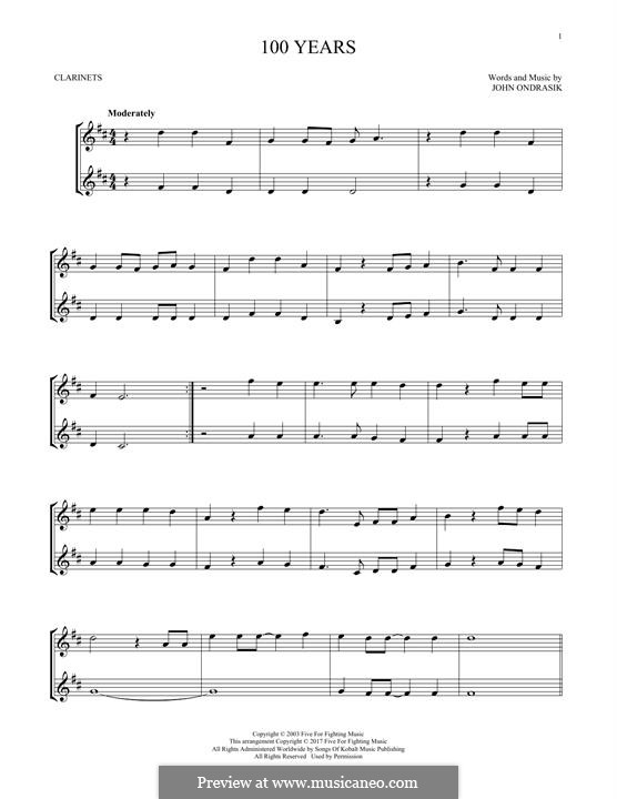 100 Years (Five for Fighting): Für zwei Klarinetten by John Ondrasik