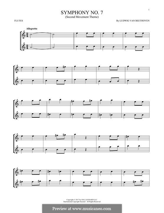 Movement II (Printable scores): Theme. Version for two flutes by Ludwig van Beethoven