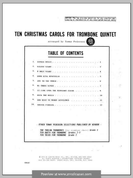 Ten Christmas Carols for Trombone Quintet: Bass trombone part by Georg Friedrich Händel, folklore, Franz Xaver Gruber, John Francis Wade, James Lord Pierpont, John H. Hopkins Jr.