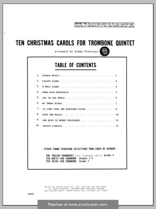 Ten Christmas Carols for Trombone Quintet: 1st trombone part by Georg Friedrich Händel, folklore, Franz Xaver Gruber, John Francis Wade, James Lord Pierpont, John H. Hopkins Jr.