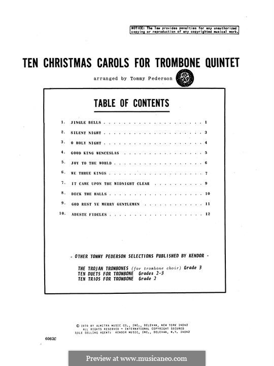 Ten Christmas Carols for Trombone Quintet: 3rd trombone part by Georg Friedrich Händel, folklore, Franz Xaver Gruber, John Francis Wade, James Lord Pierpont, John H. Hopkins Jr.