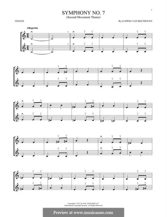 Movement II (Printable scores): Theme. Version for two violins by Ludwig van Beethoven