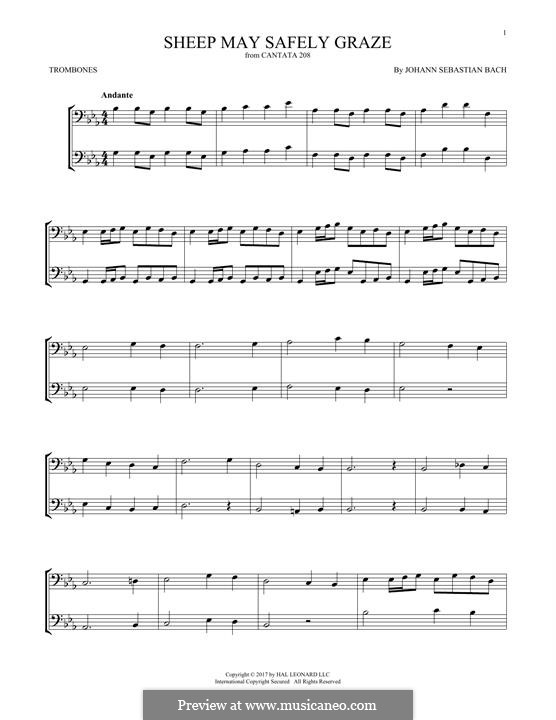 Sheep May Safely Graze (Printable Scores): For two trombones by Johann Sebastian Bach