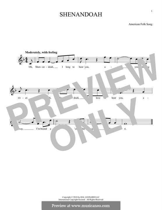 Oh Shenendoah (Shenandoah) Printable Scores: Melodische Linie by folklore