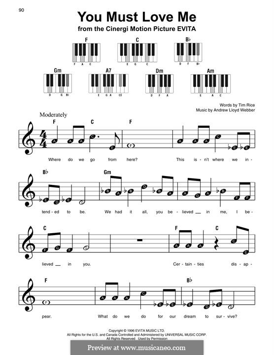You Must Love Me: For easy piano with lyrics by Andrew Lloyd Webber