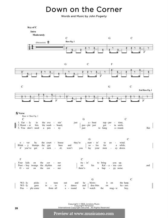Down on the Corner (Creedence Clearwater Revival): For bass voice by John C. Fogerty