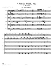 Ein Musikalischer Spass, K.522: Movement I Allegro, for cello ensemble by Wolfgang Amadeus Mozart