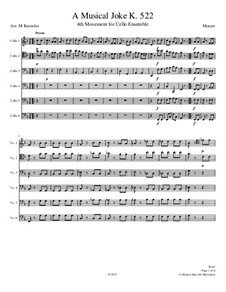 Ein Musikalischer Spass, K.522: Presto, for cello ensemble by Wolfgang Amadeus Mozart
