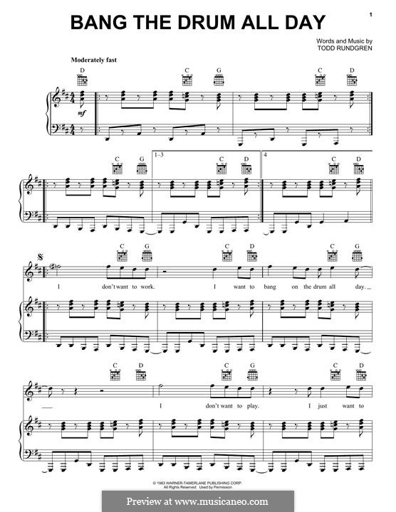 Bang the Drum All Day: Für Stimme und Klavier (oder Gitarre) by Todd Rundgren