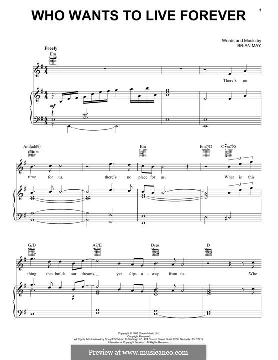 Who Wants to Live Forever? (Queen): Für Stimme und Klavier (oder Gitarre) by Brian May