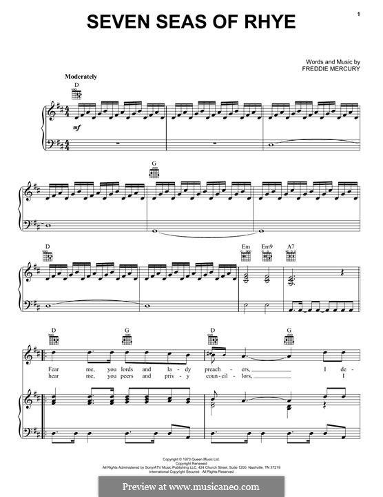 Seven Seas of Rhye (Queen): Für Stimme und Klavier (oder Gitarre) by Freddie Mercury