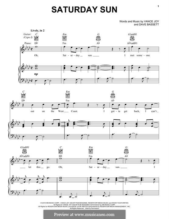 Saturday Sun: Für Stimme und Klavier (oder Gitarre) by Dave Bassett, Vance Joy