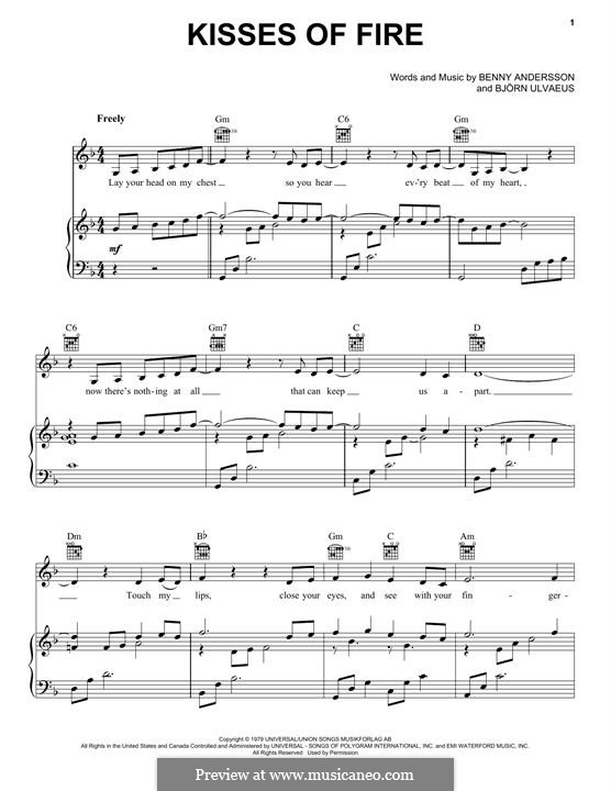 Kisses of Fire (ABBA): Für Stimme und Klavier (oder Gitarre) by Benny Andersson, Björn Ulvaeus