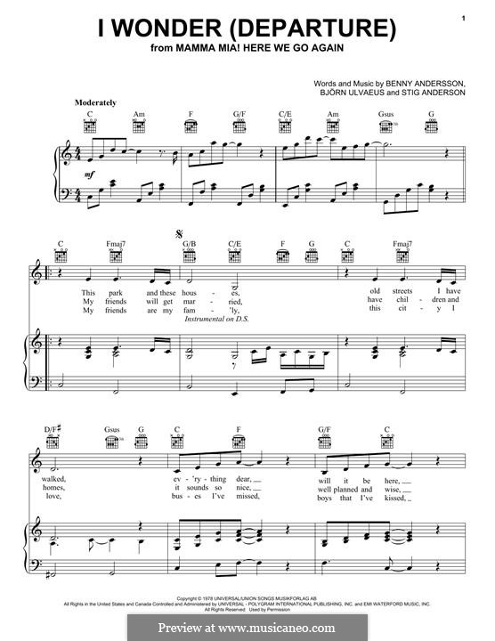 I Wonder (Departure): Für Stimme und Klavier (oder Gitarre) by Benny Andersson, Björn Ulvaeus, Stig Anderson