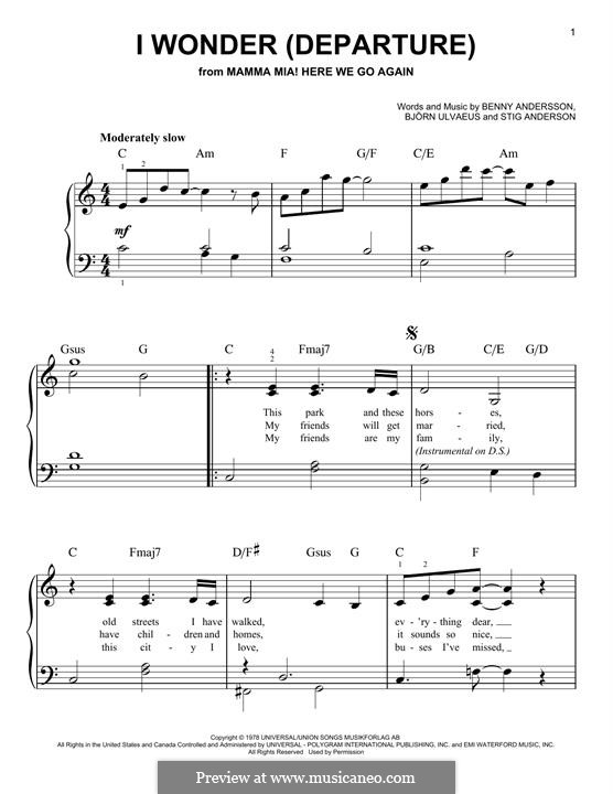 I Wonder (Departure): Für Klavier by Benny Andersson, Björn Ulvaeus, Stig Anderson