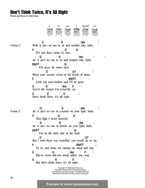 Don't Think Twice, It's Alright: Text und Akkorde by Bob Dylan