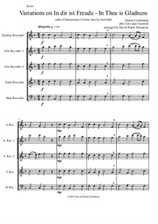 In dir ist Freude (In Thee is gladness): For recorder quintet (soprano, 2 altos, tenor, bass) by Giovanni Giacomo Gastoldi, Johann Lindemann