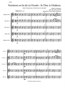 In dir ist Freude (In Thee is gladness): For saxophone quintet (soprano, 2 altos, tenor, baritone) by Giovanni Giacomo Gastoldi, Johann Lindemann