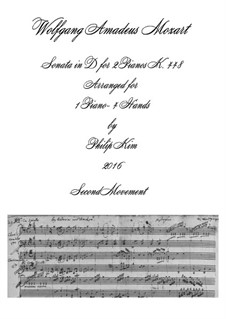 Sonate für zwei Klaviere, vierhändig in D-Dur, K.448 (375a): Movement II. Arrangement for piano four hands by Wolfgang Amadeus Mozart