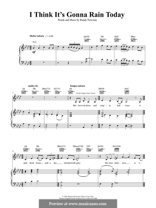 I Think it's Going to Rain Today (Katie Melua): Für Stimme und Klavier (oder Gitarre) by Randy Newman