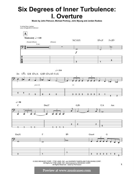 Six Degrees of Inner Turbulence (Dream Theater): I. Overture, for bass guitar with tab by Mike Portnoy, John Petrucci, John Myung, Jordan Rudess