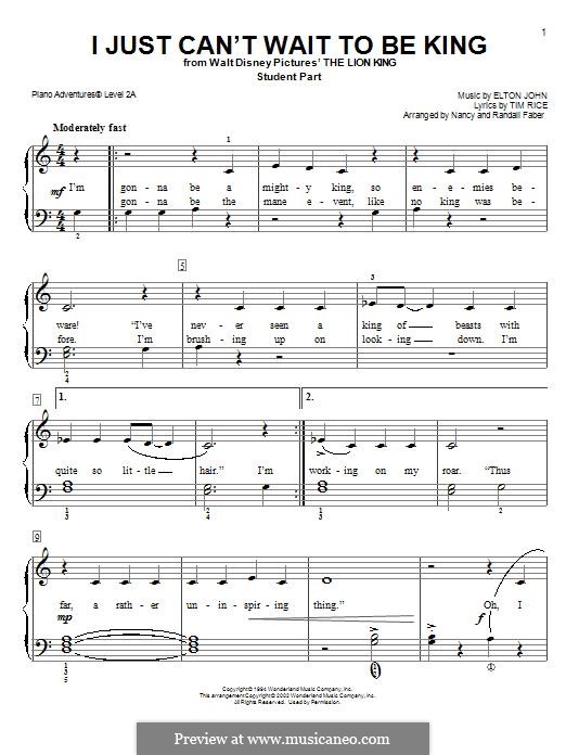 I Just Can't Wait To Be King (from The Lion King): Für Klavier, leicht by Elton John