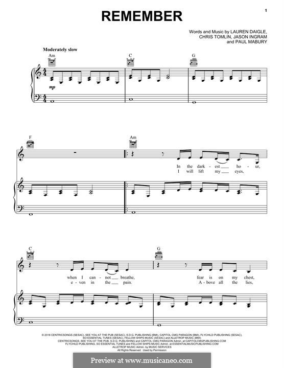 Remember (from Look Up Child): Für Stimme und Klavier (oder Gitarre) by Chris Tomlin, Jason David Ingram, Paul Mabury, Lauren Daigle