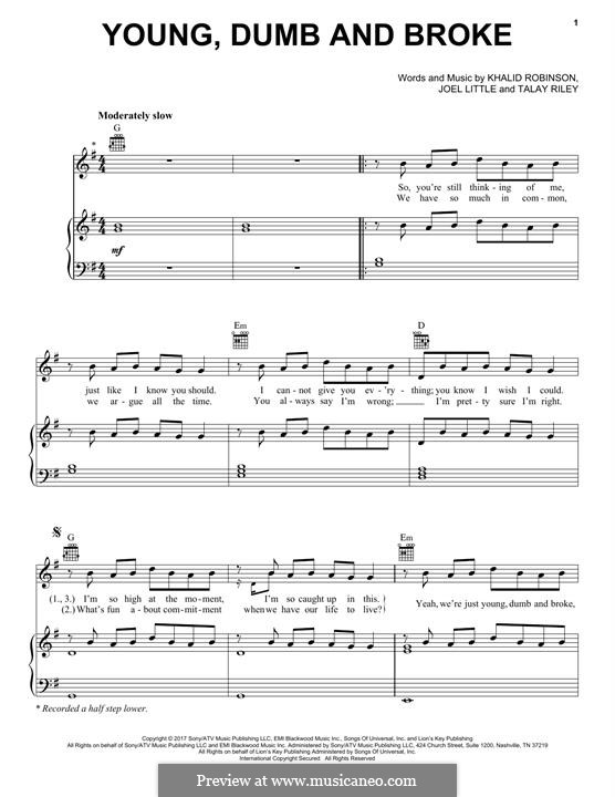 Young, Dumb & Broke (Khalid): Für Stimme und Klavier (oder Gitarre) by Talay Riley, Joel Little, Khalid Robinson