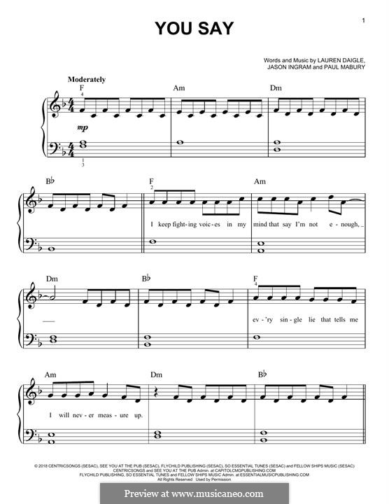 You Say: Für Klavier by Jason David Ingram, Paul Mabury, Lauren Daigle