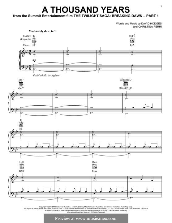 A Thousand Years: Für Stimme und Klavier (oder Gitarre) by Christina Perri, David Hodges