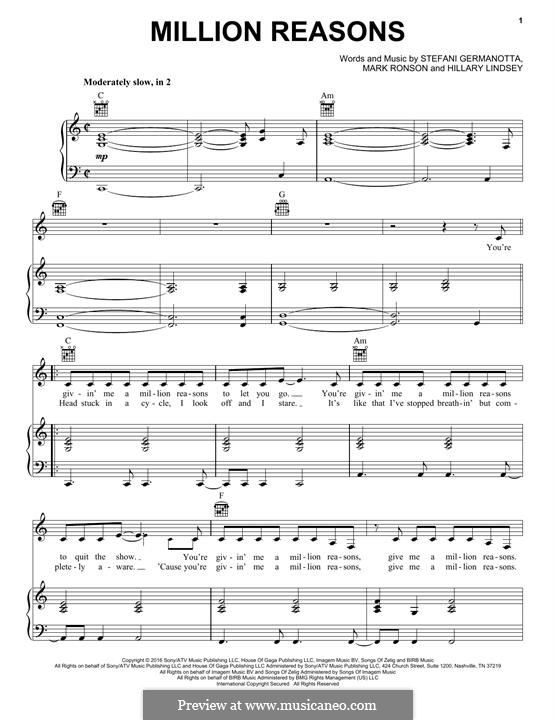Million Reasons (Lady Gaga): Für Stimme und Klavier (oder Gitarre) by Hillary Lindsey, Mark Ronson, Stefani Germanotta