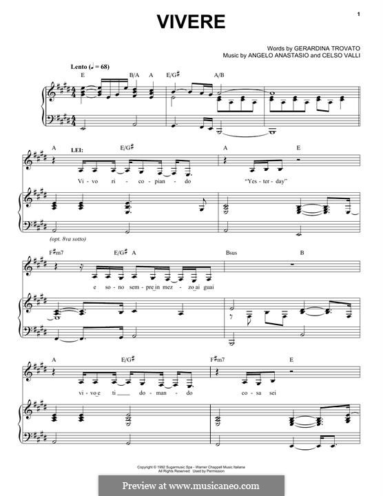 Vivere (Andrea Bocelli): Für Stimme und Klavier by Angelo Anastasio, Celso Valli