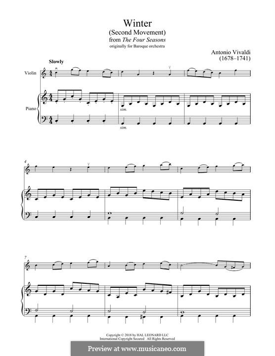 Violinkonzert Nr.4 in f-Moll 'Winter', RV 297: Movement II. Arrangement for violin and piano by Antonio Vivaldi