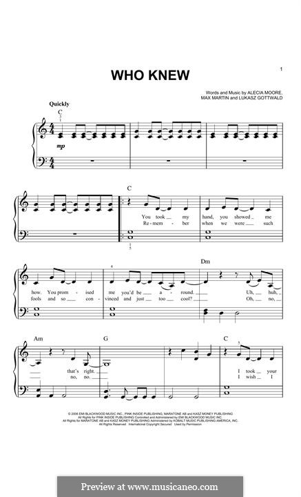 Who Knew (Pink): Für Klavier by Alecia Moore, Lukas Gottwald, Max Martin
