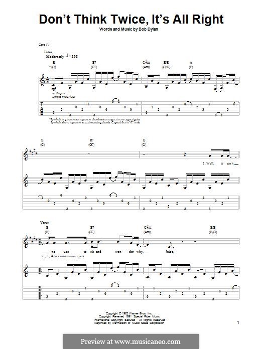 Don't Think Twice, It's Alright: Für Gitarre mit Tabulatur by Bob Dylan