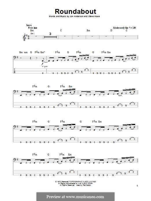 Roundabout (Yes): Für Bassgitarre mit Tabulatur by Jon Anderson, Steve Howe