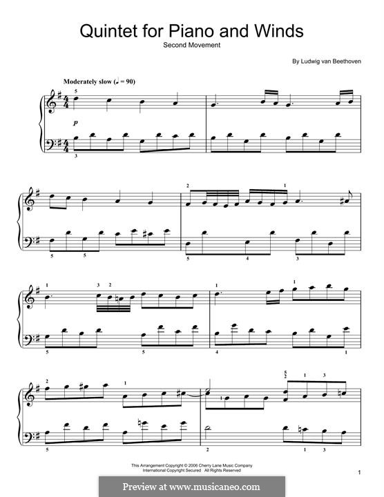 Quintett für Klavier und Blasinstrumente in Es-Dur, Op.16: Teil II (Thema). Version für Klavier by Ludwig van Beethoven