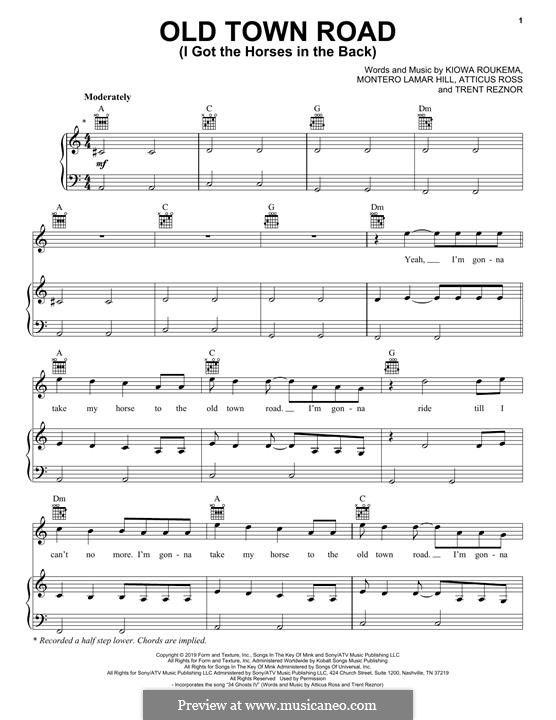Old Town Road (Remix): Für Stimme und Klavier (oder Gitarre) by Atticus Ross, Trent Reznor, Jocelyn Donald, Billy Ray Cyrus, Kiowa Roukema