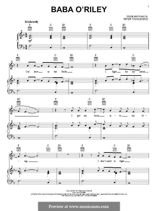 Baba O'Reilly (from Summer of Sam): Für Stimme und Klavier (oder Gitarre) by Peter Townshend