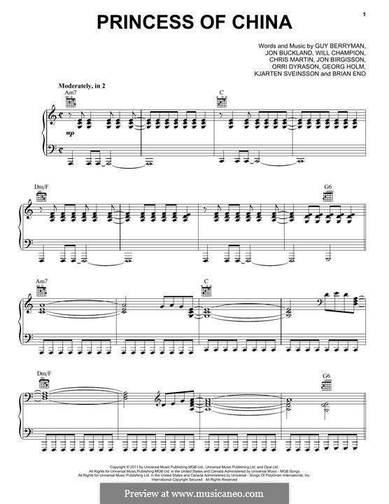 Princess of China (Coldplay): Für Stimme und Klavier (oder Gitarre) by Brian Eno, Chris Martin, Guy Berryman, Jonny Buckland, Will Champion