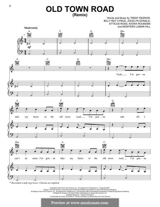 Old Town Road (Remix): Für Stimme und Klavier (oder Gitarre) by Atticus Ross, Trent Reznor, Jocelyn Donald, Billy Ray Cyrus, Kiowa Roukema