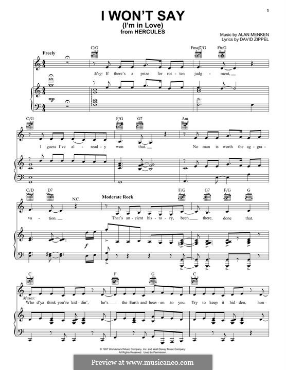 I Won't Say (I'm in Love) from Hercules: Für Stimme und Klavier (oder Gitarre) by Alan Menken