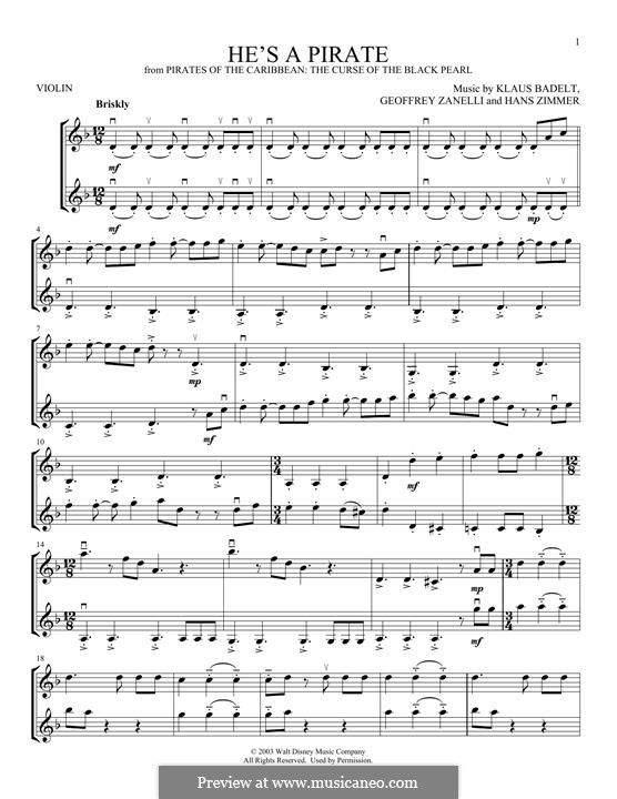 He's a Pirate (from Pirates of the Caribbean: The Curse of the Black Pearl): Für zwei Violinen by Klaus Badelt