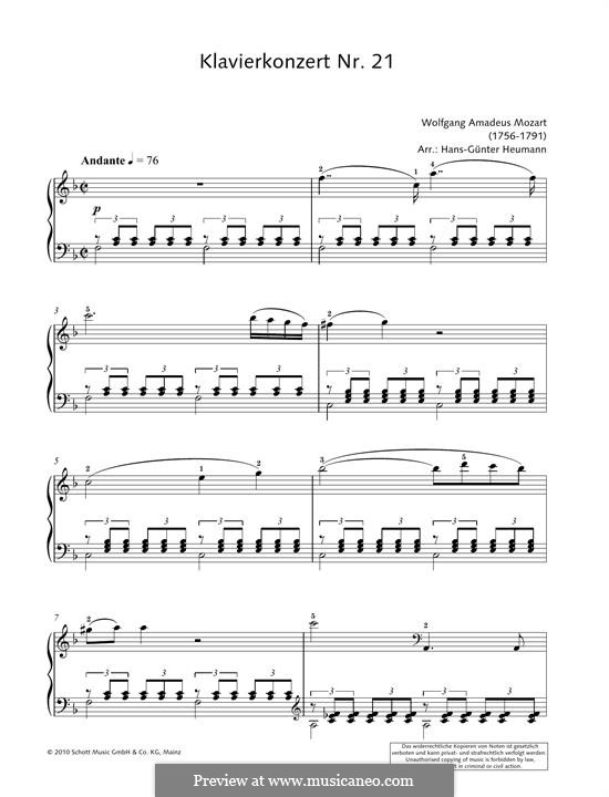 Konzert für Klavier und Orchester Nr.21 in C-Dur, K.467: Movement II (Fragment). Version for piano by Wolfgang Amadeus Mozart
